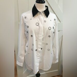 Chic Large White Button Down Shirt with Black Embellishments